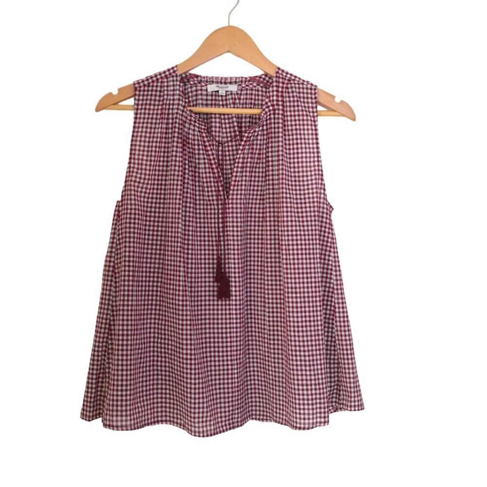 NWOT Madewell Cotton Gingham Ruffle Trim Tie Neck Sleeveless Top Red/Grey Size S